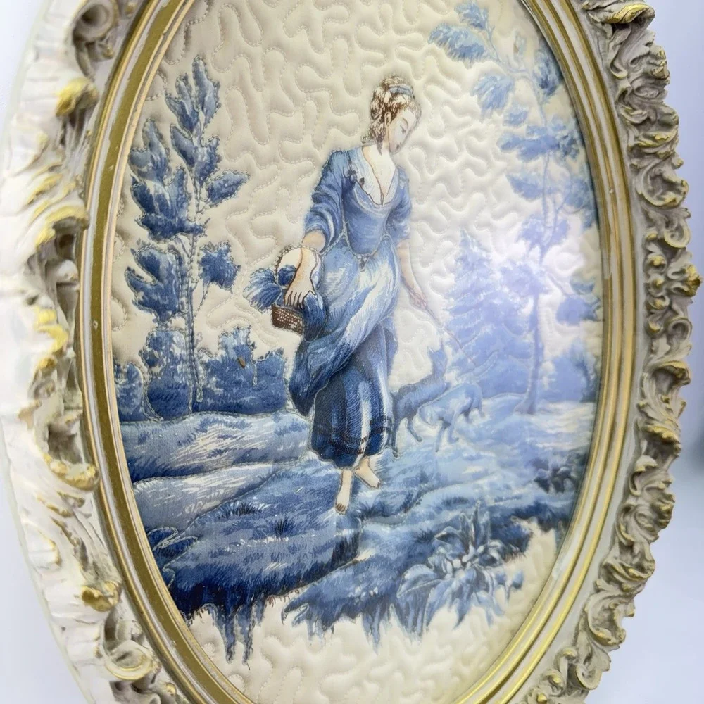 Vintage Toile De Jouy Framed Quilted Textile Wall Art French Country Oval 16x13